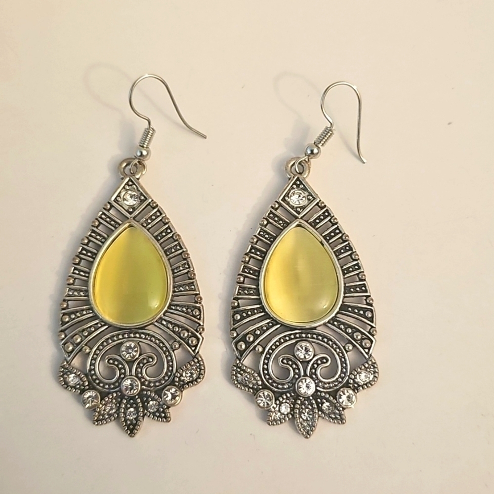 Ornate Yellow Cat's Rye and Silver Teardrop Earrings with Filigree - Picture 2 of 4
